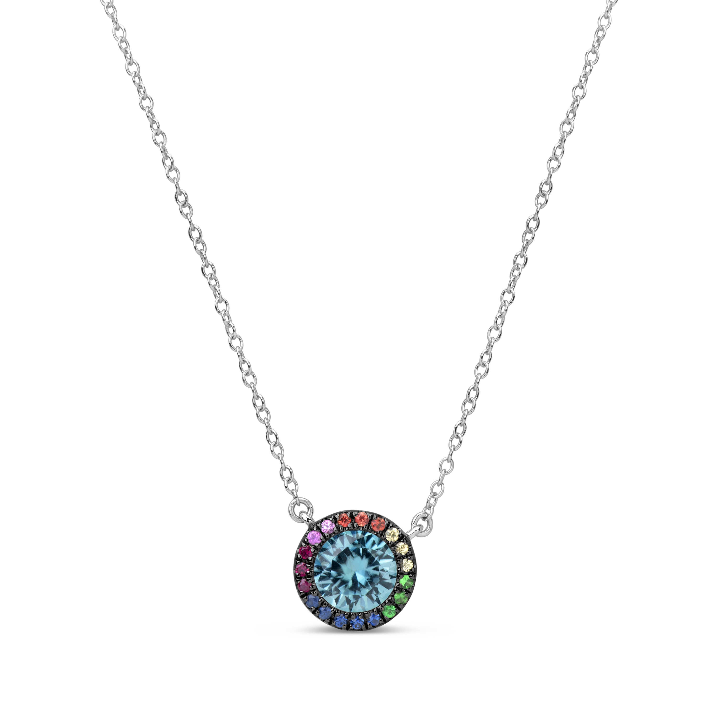 Blue Zircon & Rainbow Sapphire Pendant Necklace