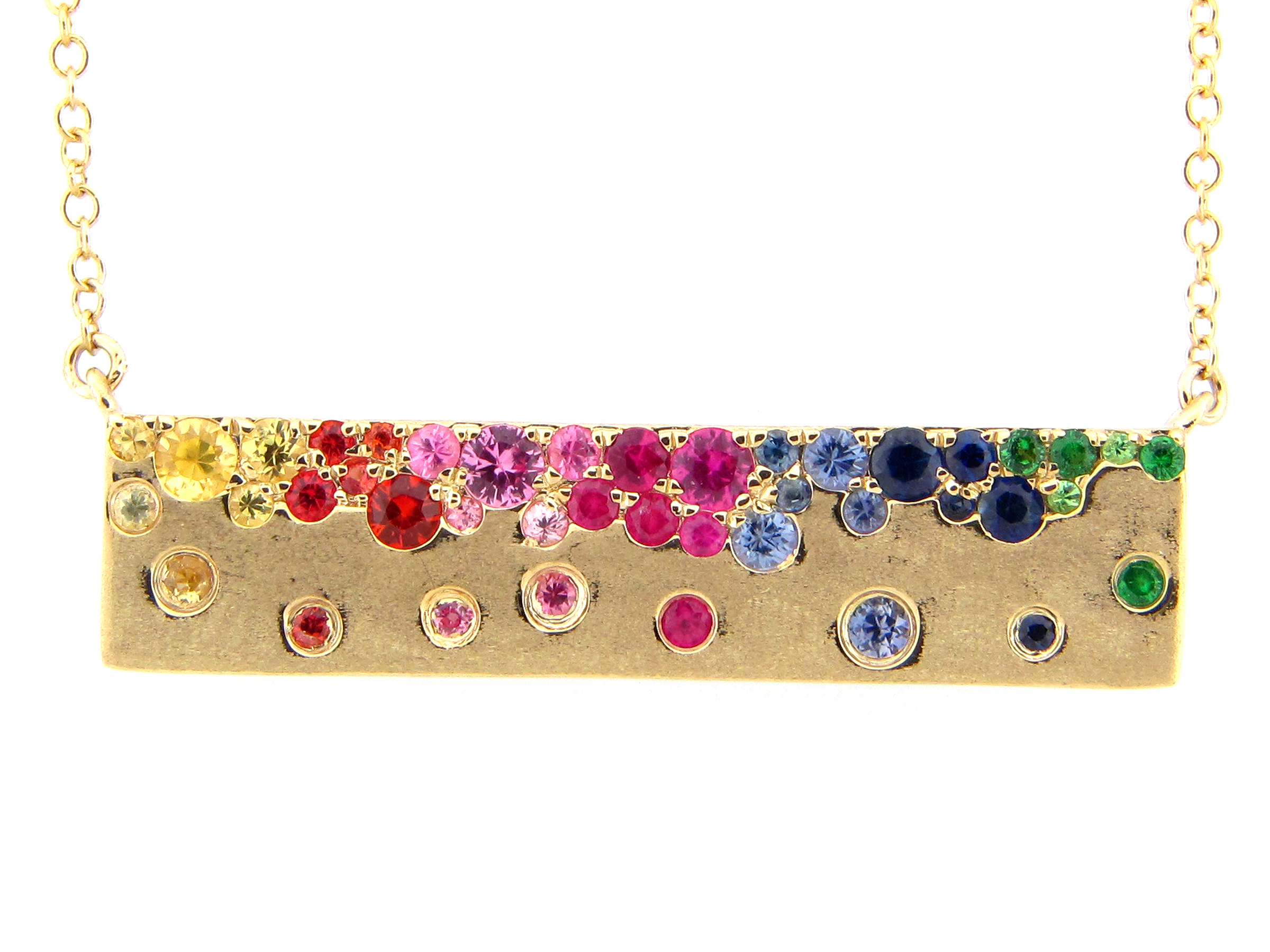 Rainbow Sapphire & Tsavorite Flush set Bar Necklace