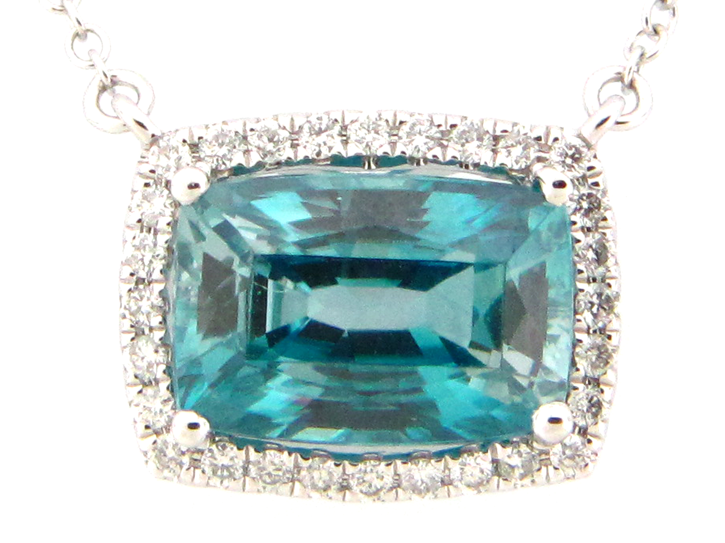 Blue Zircon & Diamond Pendant Necklace