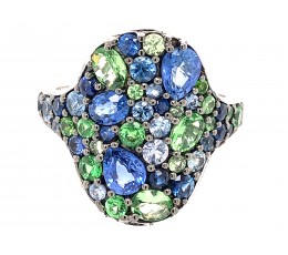 Blue Sapphire & Tsavorite Oval Cluster Ring